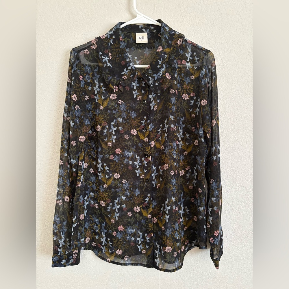 Cabi Floral Ruffle Collar Button Front Blouse Sheer Small Career Work